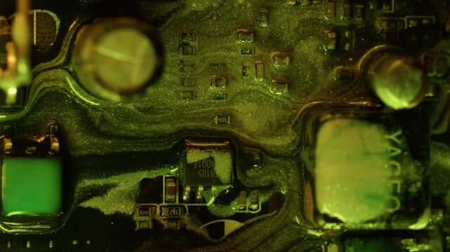 Ink drip. Electronic board. Defocused green orange color glitter acrylic liquid microchip wet texture flow on abstract art background.