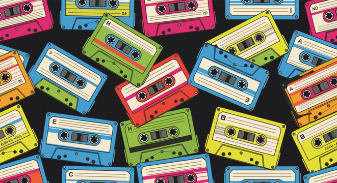 Retro Cassette Tape Seamless Pattern, 80s 90s Music Aesthetic Flat Vector Illustration