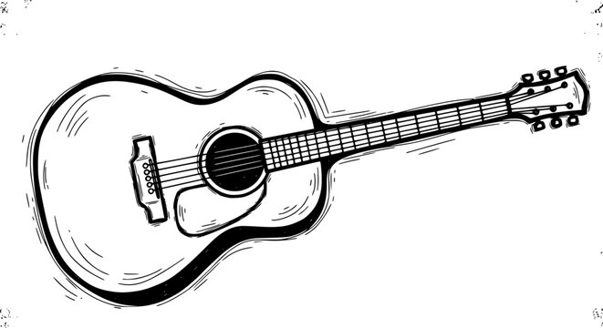 This handdrawn sketch of an acoustic guitar captures a vintage and grunge aesthetic