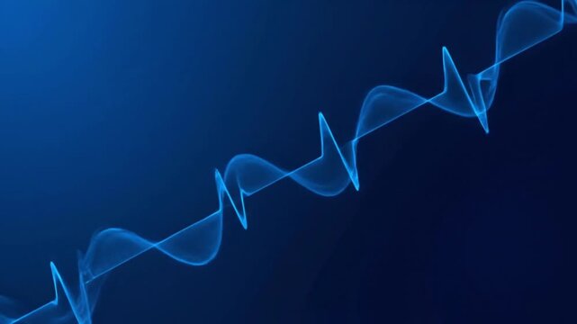 Abstract blue wavy lines moving diagonally on a dark blue background, resembling a sound wave or heartbeat visualization.