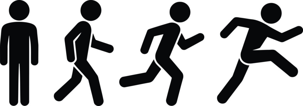 Four distinct black stick figures represent the various phases of human movement from standing to walking running and sprinting