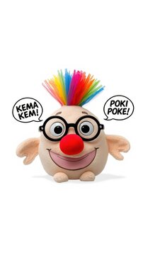 A colorful clown toy with speech bubbles saying kema kem and poki poke.