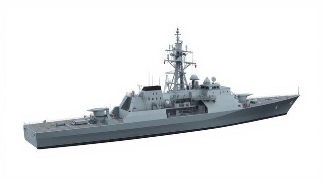 A modern navy warship equipped with advanced radar and weapon systems.