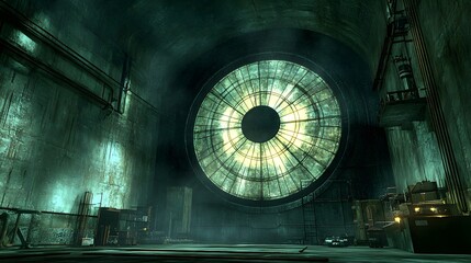 Enormous circular window illuminates cavernous industrial interior with high vaulted ceiling