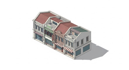 Detailed architectural illustration of a row of historical buildings with intricate facades and rooftops.