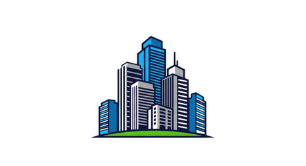 Fototapeta premium City skyline illustration featuring modern skyscrapers and buildings on green grass, urban landscape.