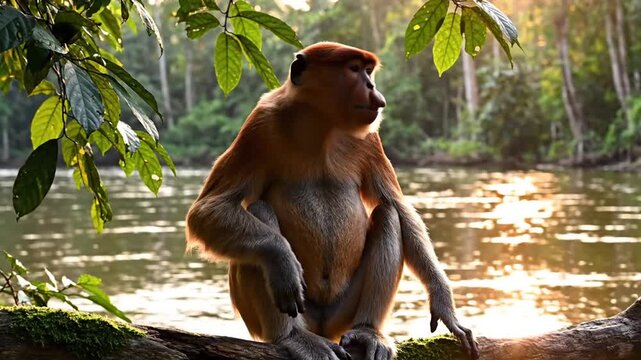 A seated proboscis monkey on a mossy branch, with leaves in the foreground and river behind