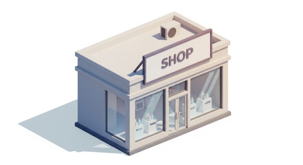 Isometric shop building with a sign, showcasing a retail establishment in a modern style.