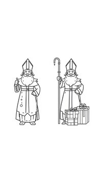 Two bishops with a mitre and a crozier surrounded by wrapped gifts