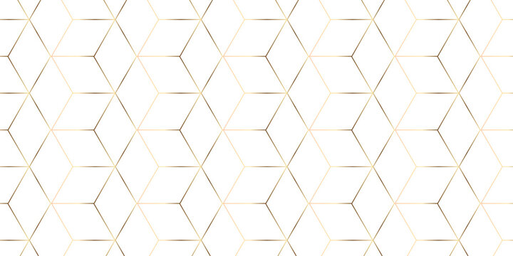 Vector abstract square tech grid gold line box structure wallpaper. metal cube creative geometric fabric wall tiles gradient web triangle diamond honeycomb hexagon art decorative textile design.