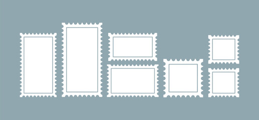 Obraz premium Collection of various sized white postage stamp frame vector graphic designs with scalloped edges