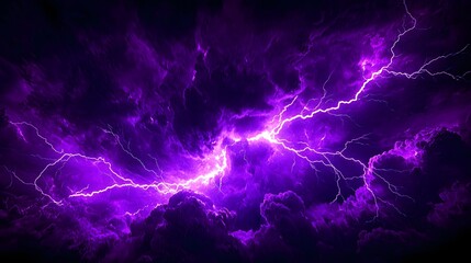 Intense electrical discharge illuminates dramatic purple storm clouds overhead