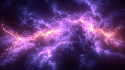 Intense horizontal lightning strike illuminates dark, swirling cosmic clouds with violet and magenta tones.