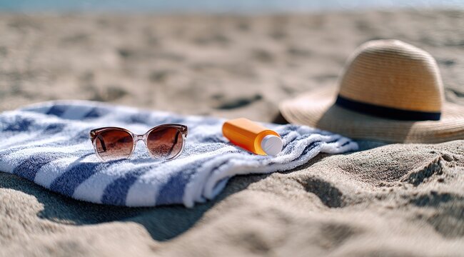 Relaxing beach setup with sunglasses, sun hat, and sunscreen on sandy towel