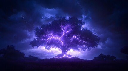 Brilliant purple lightning illuminates a solitary tree during a severe nocturnal storm
