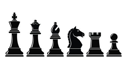 Black chess pieces arranged in a row including a king queen and knight © Pk vectors studio