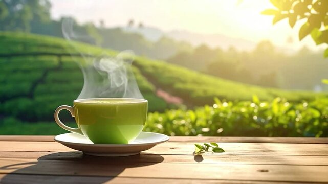 Steaming green tea in a cup with green fields blurred in background