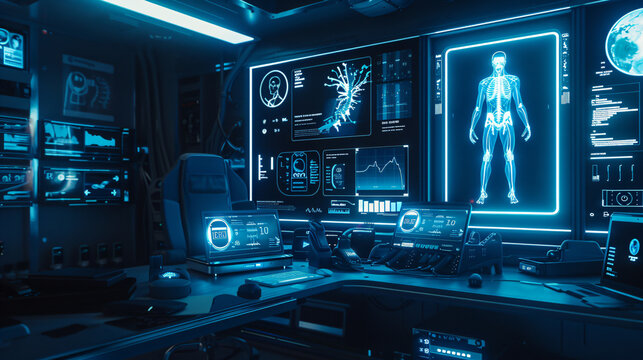 Futuristic Biohacker Workspace with Wearable Sensors and Data Screens