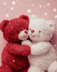Cute Red and White Teddy Bears with Snowflakes on Pink Background