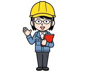 ファイルを持って案内するヘルメットをかぶった現場監督の中年女性