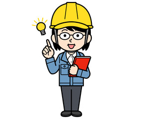 ファイルを持ってアイデアを閃くヘルメットをかぶった現場監督の中年w女性