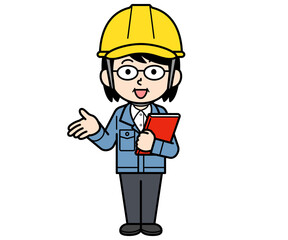 ファイルを持って説明するヘルメットをかぶった現場監督の中年女性