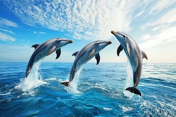 Obraz premium Dolphins Jumping Playfully Over Water Under Clear Blue Sky