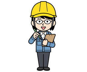 メモするヘルメットをかぶった現場監督の中年女性