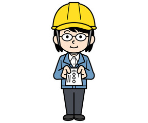 名刺を差し出すヘルメットをかぶった現場監督の中年女性