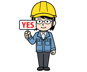 YESの札を持つヘルメットをかぶった現場監督の中年女性