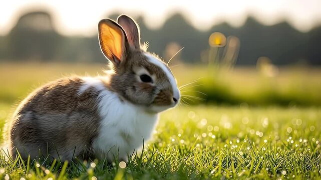A beautiful, fluffy rabbit with soft brown and white fur sits peacefully in a lush green meadow, dappled with sparkling morning dew. The scene is bathed in a warm, golden light, highlighting the anima