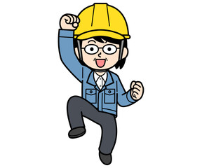 飛び上がるヘルメットをかぶった現場監督の中年女性