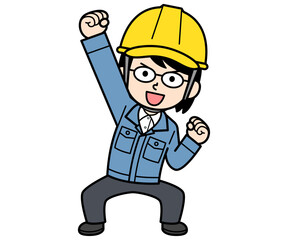 気合を入れるヘルメットをかぶった現場監督の中年女性