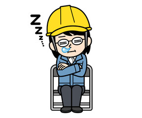 パイプ椅子に座って居眠りするヘルメットをかぶった現場監督の中年女性