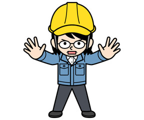 立ち塞がるヘルメットをかぶった現場監督の中年女性