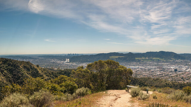 Panoramic view of Burbank, CA, from Verdugo Mountains. Los Angeles county, Southern California