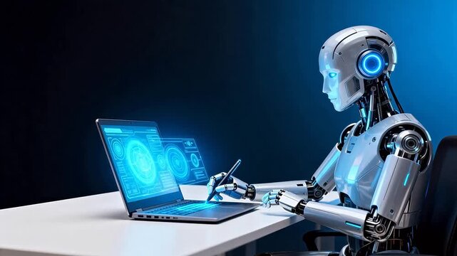 Robot working on laptop with digital interface