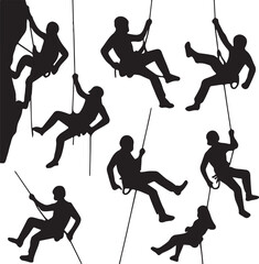 Collection of black silhouettes depicting people rock climbing and rappelling on ropes in various dynamic poses