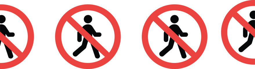 No pedestrian icon illustration set, prohibition sign artwork, traffic vector design, safety graphic pack, restriction symbol collection, red circle sketch
