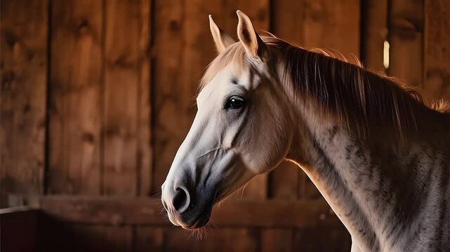Closeup of a white horse in a stable
