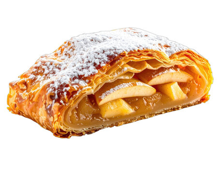 Golden brown pastry encases sliced apples, dusted with powdered sugar