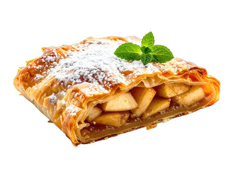 Flaky pastry filled with diced apples and dusted with powdered sugar, garnished with mint