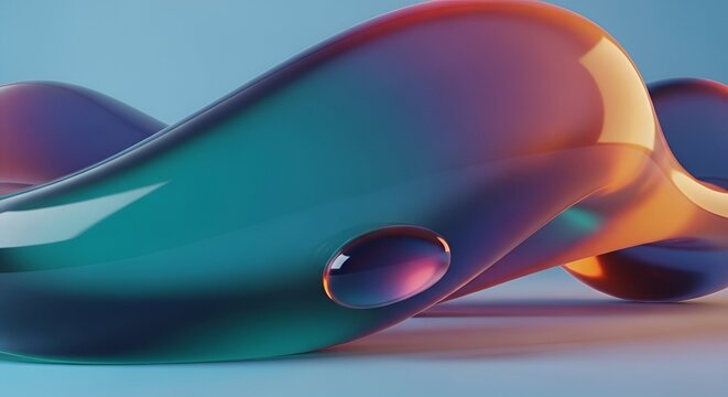 Abstract Glassy Flowing Shapes with Vibrant Colors and Reflected Light on a Teal Gradient Background