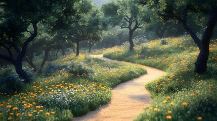 Obraz premium Winding path through wildflowers and trees evokes tranquility. Lush greens and bright orange blossoms create a captivating scene. Perfect for Abstract Boho Style designs and stock.