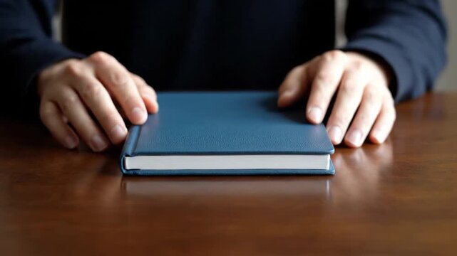 Person Holding Blue Book on Wooden Table.