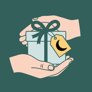 Hands holding a wrapped gift with a tag, viewed from above, showcasing a generous act
