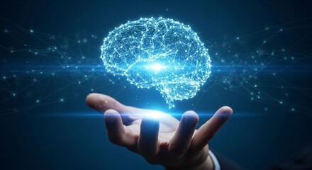 Artificial Intelligence Concept with Glowing Digital Brain over Human Hand and Neural Network Connection on Dark Background