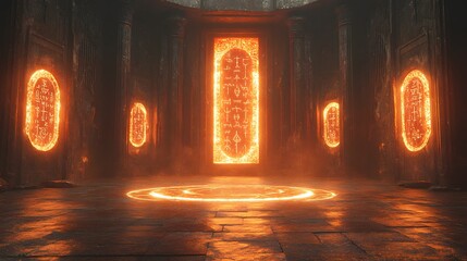 Ancient stone chamber displays multiple glowing orange arcane symbols on walls and floor.
