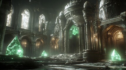 Ancient, ruined chamber glows with mysterious, luminous green crystals emanating from dark stonework.