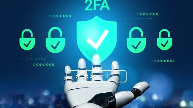 Futuristic Robotic Hand Displaying Two-Factor Authentication with Padlocks and Checkmarks for Cybersecurity Concept Gluon.